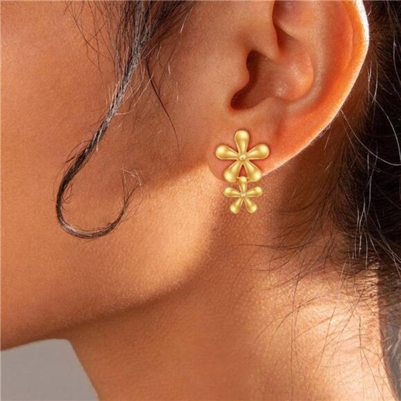 Gold Flower Stud Earrings for Women | Stainless Steel Floral Jewelry Gift - Picture 2 of 6